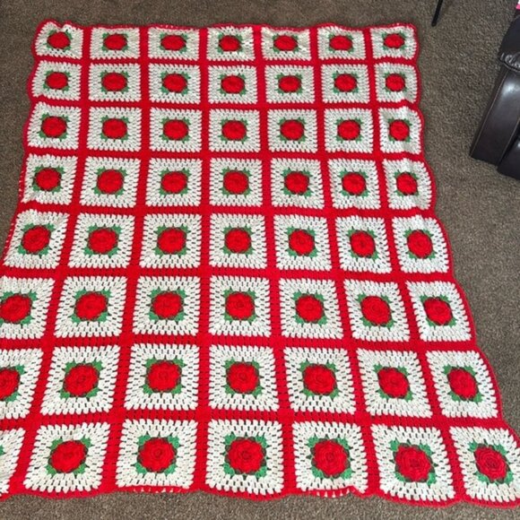 Other - Hand Knitted Blanket 88” x 70” Red Roses Red and White
